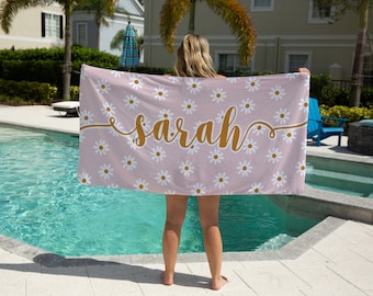 Personalized Daisy Beach Towel, Custom Daisy Beach Towel, Custom Beach Towel for Brides, Beach Towel for Womens, Floral Beach Towel