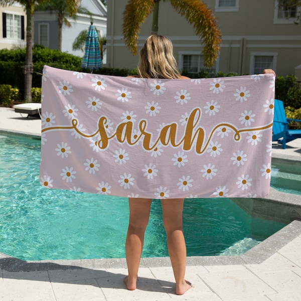 Personalized Daisy Beach Towel, Custom Daisy Beach Towel, Custom Beach Towel for Brides, Beach Towel for Womens, Floral Beach Towel