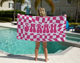 Personalized Retro Beach Towel for women, Name Beach Towel, Custom Beach Towel gift