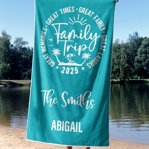 Custom Family Trip Beach Towel, Personalized Vacation Towels, Matching Family Beach Towels, Name Towels for Summer Trip, Group Travel Gift