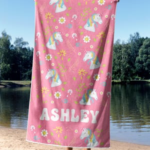 Personalized unicorn pink beach towel, cute girl beach towel, custom unicorn towel, custom beach towel for kids, gift for daughter
