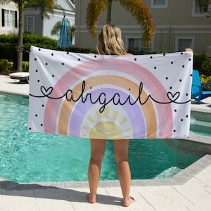 Personalized Rainbow Beach Towel, Custom Watercolor Rainbow Beach Towel, Custom rainbow beach towel for kids, beach towel for girls