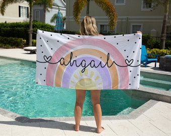 Personalized Rainbow Beach Towel, Custom Watercolor Rainbow Beach Towel, Custom rainbow beach towel for kids, beach towel for girls