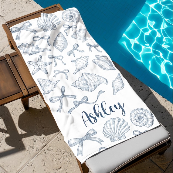 Custom Seashell Beach Towel, Personalized Seashell Towel, Name Beach Towel for Girls, Ocean Theme Summer Towel, Coastal Beach Gift