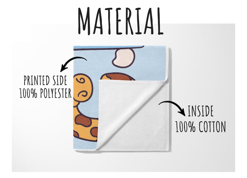 May include: A folded towel with a giraffe cartoon design. The printed side is 100% polyester, and the inside is 100% cotton. The towel has a light blue background with a giraffe illustration in brown and yellow.