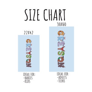 May include: A size chart with the text "SIZE CHART" at the top. Two light blue rectangles display the name "GREYSON" vertically, each letter designed with animal illustrations. One rectangle is 22x42 inches, the other is 30x60 inches.