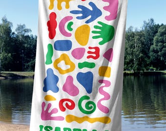 Personalized Kids Beach Towel, Custom Name Towels for Kids, Fun Beach Pool Gift for Boys and Girls, Retro Groovy Beach Towel