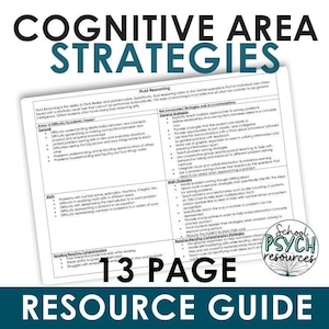 Könnte beinhalten: Ein farbenfroher Ressourcenleitfaden für Pädagogen zu kognitiven Bereichsstrategien. Der Leitfaden umfasst Abschnitte zu fluide Intelligenz, Mathematik und Leseverständnis, mit spezifischen Schwierigkeitsbereichen und empfohlenen Strategien für jeden Bereich. Der Leitfaden trägt den Titel "Kognitive Bereichsstrategien" und bietet einen 13-seitigen Ressourcenleitfaden.