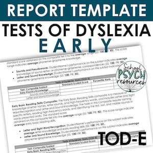 Könnte beinhalten: Eine druckbare Berichtsvorlage zum Testen von Legasthenie bei jungen Lernenden. Die Vorlage enthält eine Tabelle mit Überschriften für "Test: Composite/Subtest", "Standard-/Skalierter Score" und "Perzentil Rang". Die Vorlage enthält auch einen Abschnitt mit dem Titel "Early Basic Reading Skills Composite" mit einer Beschreibung des Tests und seiner Komponenten. Der Text "TOD-E" ist in der unteren rechten Ecke der Vorlage sichtbar.