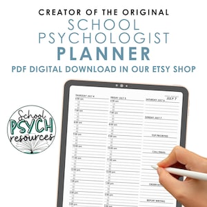 May include: A digital planner for school psychologists, with a weekly layout, showing the days Thursday, July 4th through Sunday, July 7th. The planner includes time slots from 6:00 am to 3:00 pm, with 15-minute increments. The planner also includes sections for top priorities, call/email, observations, and report writing.