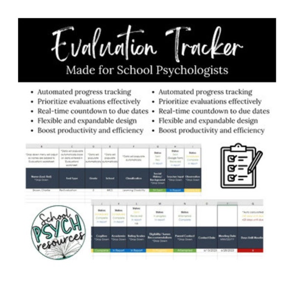 Psychologue scolaire Excel Caseload Evaluation Report Tracker Special Ed Eval, Special Education Template, Digital Download, Instant Download