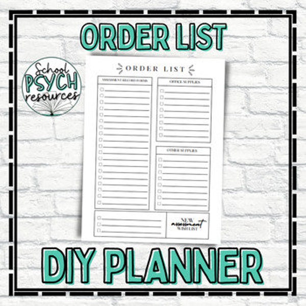 DIY Printable School Psychologist Planner Pages: Supply Order List, Special Education Digital, Digital Download, Instant Download