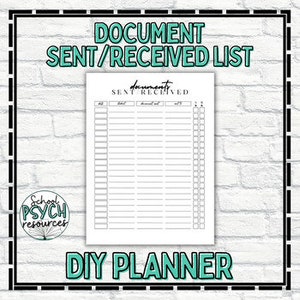 May include: Printable document tracker with the title "Document Sent/Received List" and the text "Documents Sent/Received" in a black and white design. The printable tracker has columns for date, document, sent, and received.