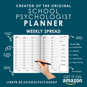 May include: A weekly planner for school psychologists with a black and white grid layout. The planner has a section for daily top priorities, 15-minute scheduling blocks, and a section for weekend planning. The planner also includes a to-do list with sections for top priorities, call/email, testing, observations, and report writing. The planner is open to the week of July 1st. The text "GET IT ON amazon" is visible at the bottom of the image.