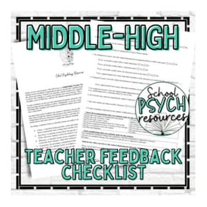 Peut inclure: Une liste de contrôle bleu sarcelle et noire intitulée "Teacher Feedback Checklist" avec les mots "Middle-High School Psychology Corner" en haut. La liste de contrôle est destinée aux enseignants pour fournir des commentaires aux élèves.
