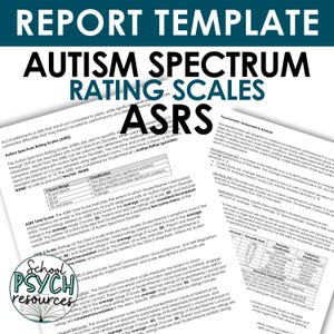 May include: A report template for Autism Spectrum Rating Scales (ASRS) with a blue, green, and yellow colour scheme. The ASRS is used to quantify behaviours associated with Autism Spectrum Disorders. The report includes a table with a 1-score range and classification, a section on ASRS Total Score, and a section on DSM-5 Scale.