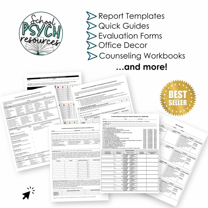 May include: A collection of printable resources for school psychologists, including report templates, quick guides, evaluation forms, office decor, and counseling workbooks. The text "School PSYCH resources" is in a circle with a book icon. The text "BEST SELLER" is in a gold star.
