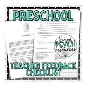 Può includere: Checklist stampabile in bianco e nero per insegnanti di scuola materna. La checklist include domande sul comportamento, l'apprendimento e gli adattamenti dello studente. Il titolo è "Checklist di feedback dell'insegnante" e il logo è "Risorse di psicologia scolastica".