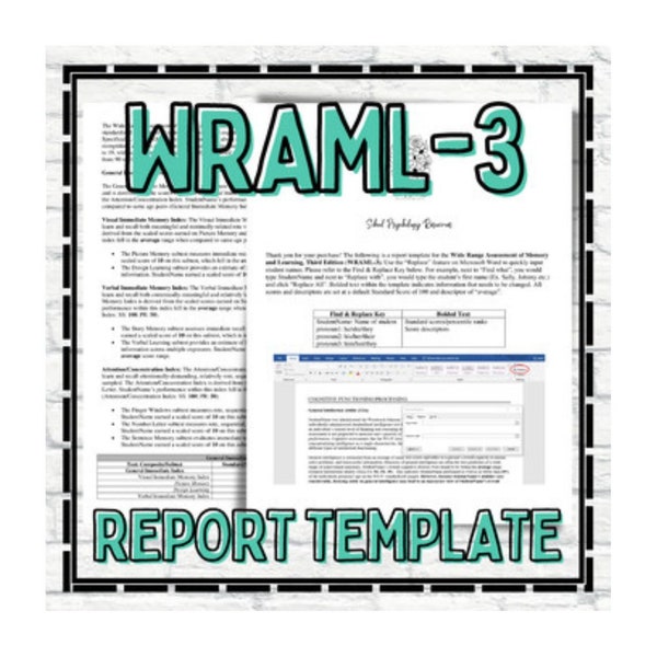 WRAML3 Report Template School Psychology Special Education Assessment Evaluation, Special Education Digital Template, Instant Download