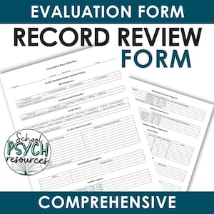 Puede incluir: Formulario imprimible en blanco y negro titulado "Evaluation Form Record Review Form" con el texto "Comprehensive" en la parte inferior. El formulario está dividido en secciones con encabezados como "Cumulative Record Review", "Social, Developmental, Medical History", "Developmental Milestones", "Family History", "Social-Cultural Information", "Hospitalizations, Surgeries" y "Health Problems".