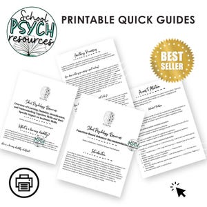 May include: Printable quick guides for school psychology resources. The guides cover topics such as anxiety processing, access to attention, and function-based behavior recommendations. The guides are labeled as "Best Seller".