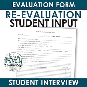 Puede incluir: Un formulario de entrada para estudiantes en blanco y negro para una reevaluación. El formulario incluye preguntas sobre las materias favoritas y menos favoritas, los servicios de educación especial, los hábitos de tarea y los objetivos futuros. El formulario también incluye una sección para las adaptaciones de evaluación actuales.