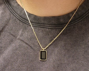 Elegant Gold Necklace - Black Rectangular Pendant