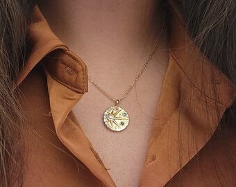 Sun and Moon Gemstone Necklace: Gold-Plated Celestial Pendant