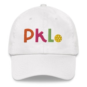 May include: White baseball cap with the text "PKLO" embroidered in orange, pink, green, and yellow with a yellow pickleball graphic.