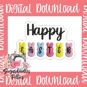 May include: Happy Easter embroidery design featuring the word "Happy" and five colorful Easter eggs with the letters "E", "A", "S", "T", and "E" on them.