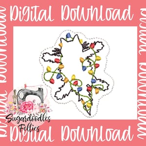 May include: A digital embroidery design of a white Christmas tree with colorful lights. The design is perfect for creating festive crafts and decorations.