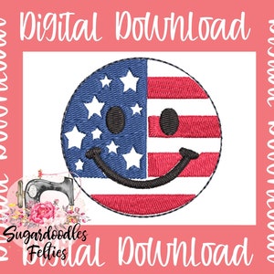 May include: A digital embroidery design of a smiling face with the American flag pattern. The design is perfect for patriotic crafts and projects.