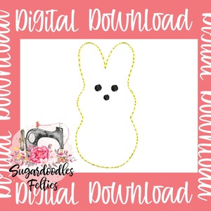 May include: A digital download of an embroidery pattern for a yellow bunny with black eyes. The pattern is surrounded by a pink background with the text "Digital Download" repeated on all sides.
