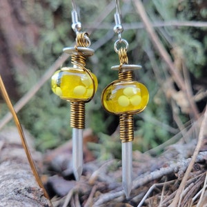Stunning Handcrafted Copper Wire Wrapped Earrings Featuring Yellow Flowered Lamp work Glass Beads and Mixed Metal Accents