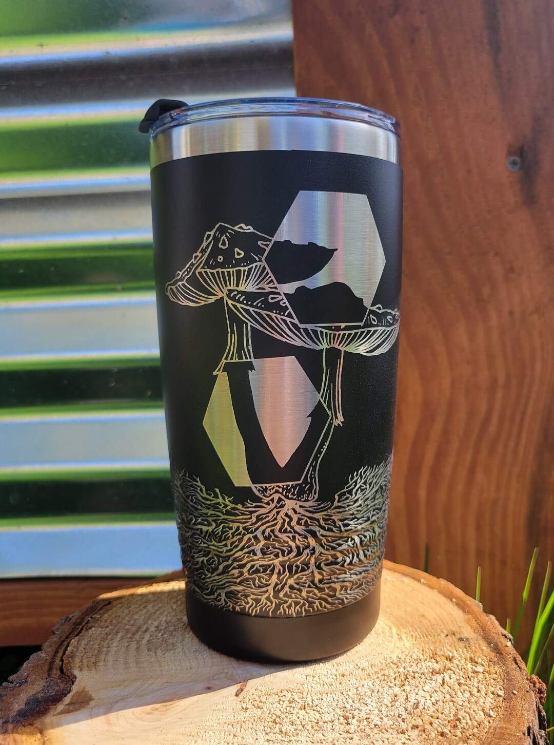 Hand-drawn Mushroom and Mycelium Design Etched on a 20 Oz. Stainless ...