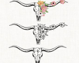 2 Texas Longhorn Cow Skull Embroidery Design,Texas Cattle Skull,Longhorn Flowers Floral Bull Skull Embroidery Machine