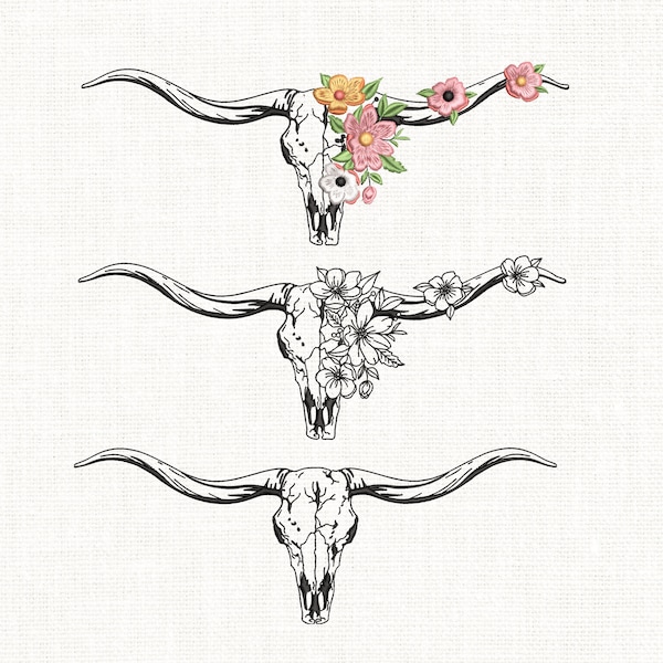 2 Diseño de bordado de cráneo de vaca de Texas Longhorn, cráneo de ganado de Texas, máquina de bordado de cráneo de toro floral de flores de cuerno largo