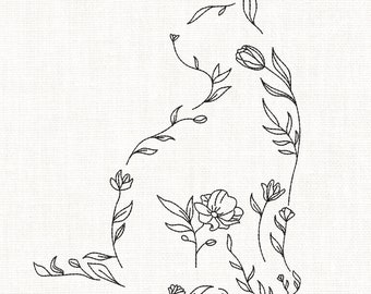 Floral Cat Embroidery Design: Machine Embroidery Pattern (3in/5in/7in)