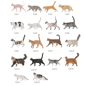 Puede incluir: Una colección de dieciocho ilustraciones de gatos de diversas razas y colores, cada una etiquetada con un número "Cat". Los gatos se representan en movimiento, mostrando sus diferentes patrones de pelaje y formas corporales.