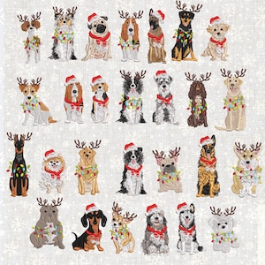 May include: A collection of embroidered dogs, each adorned with festive holiday decorations. The dogs wear Santa hats, reindeer antlers, and string lights. The dogs are various breeds and colors, set against a white background.