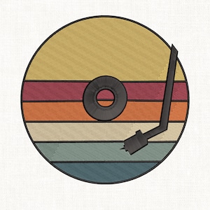 May include: A retro-style vinyl record with a black needle arm and a colorful striped design in shades of yellow, orange, red, blue, and green.