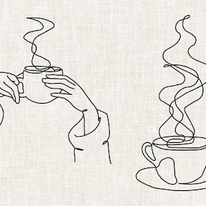 2 Embroidery Coffee Design, Coffee Love, Coffee Art , One Line Art