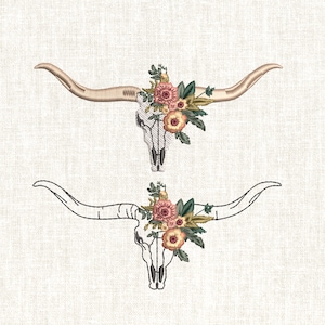 2 Texas Longhorn Cow Skull Embroidery Design,Texas Cattle Skull,Longhorn Flowers Floral Bull Skull Embroidery Machine