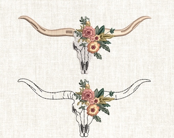 2 Texas Longhorn Cow Skull Embroidery Design,Texas Cattle Skull,Longhorn Flowers Floral Bull Skull Embroidery Machine