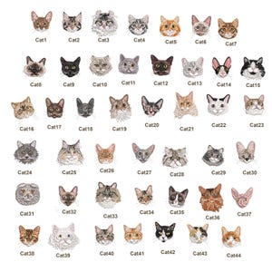 May include: An array of 44 embroidered cat faces, each with distinct markings and colours, labelled Cat1 to Cat44. The cats' faces vary in shades of brown, grey, orange, black, and white, with detailed stitching.