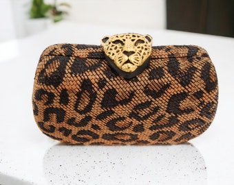 Handcrafted animal print Raffia Clutch with Gold Leopard Brooch & shoulder strap, Raffia clutch Bag Wedding Purse, Animal print Gift For Her