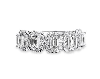 14K White Gold Emerald cut diamond Ring, lab grown diamond halo engagement ring, Emerald gold bridal ring, Genuine emerald dainty ring  gift