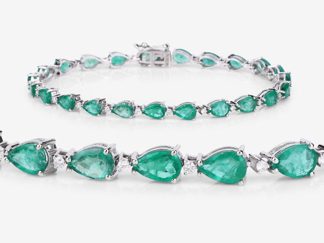 Pear Cut Genuine Zambian Emerald Diamond Bracelet, Emerald Bracelet 14k