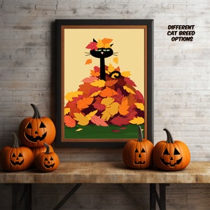Cat in a Pile of Colorful Autumn Leaves, Retro Cat Wall Art, Funny Cat, Silly Cool Cat, Cat Lover, Cat Decor