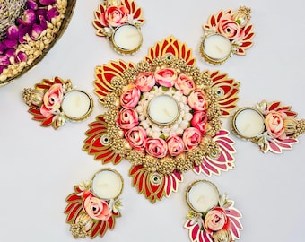 Rangoli mat, Flower Rangoli for diwali, Rangoli decoration, Floor Rangoli, Entryway decor, Diwali Decoration, Diwali Diya, Tealight Holders
